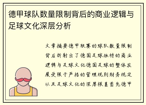 德甲球队数量限制背后的商业逻辑与足球文化深层分析