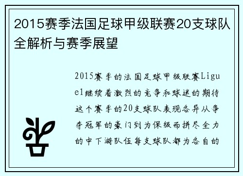 2015赛季法国足球甲级联赛20支球队全解析与赛季展望