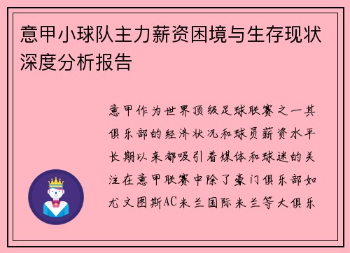 意甲小球队主力薪资困境与生存现状深度分析报告