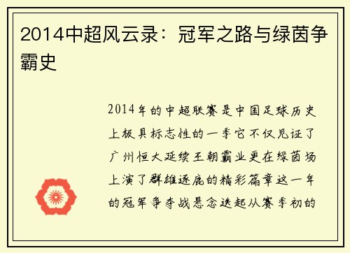 2014中超风云录：冠军之路与绿茵争霸史