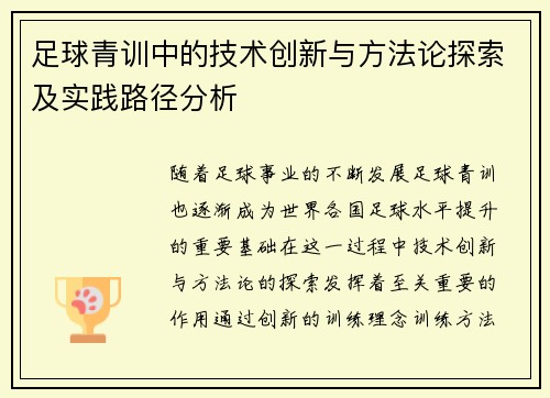 足球青训中的技术创新与方法论探索及实践路径分析