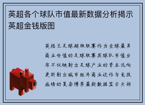 英超各个球队市值最新数据分析揭示英超金钱版图