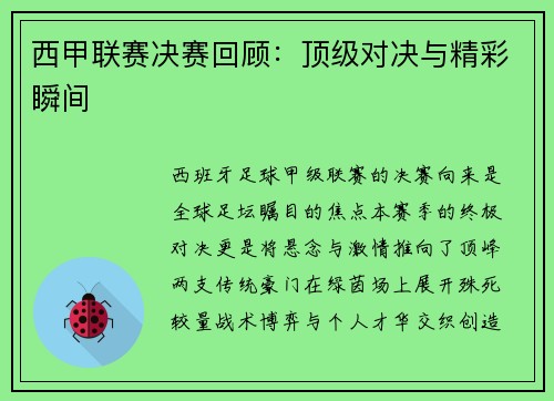 西甲联赛决赛回顾：顶级对决与精彩瞬间