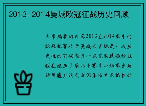 2013-2014曼城欧冠征战历史回顾